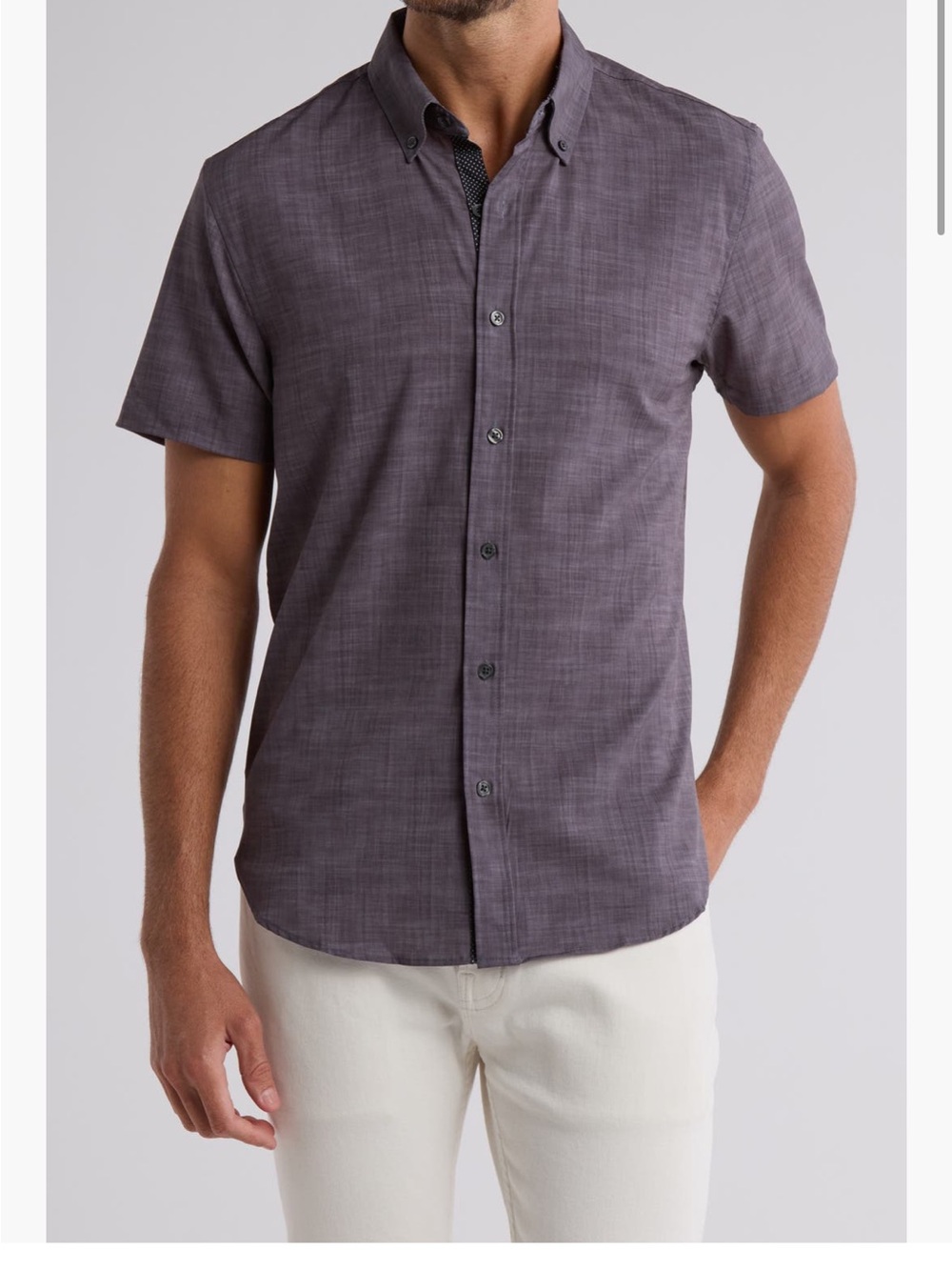 CONSTRUCT Men’s Slim Fit 4-Way Stretch Chambray Short Sleeve Button Down Large